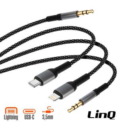 Cable 3 têtes jack vers jack + type-c + lightning